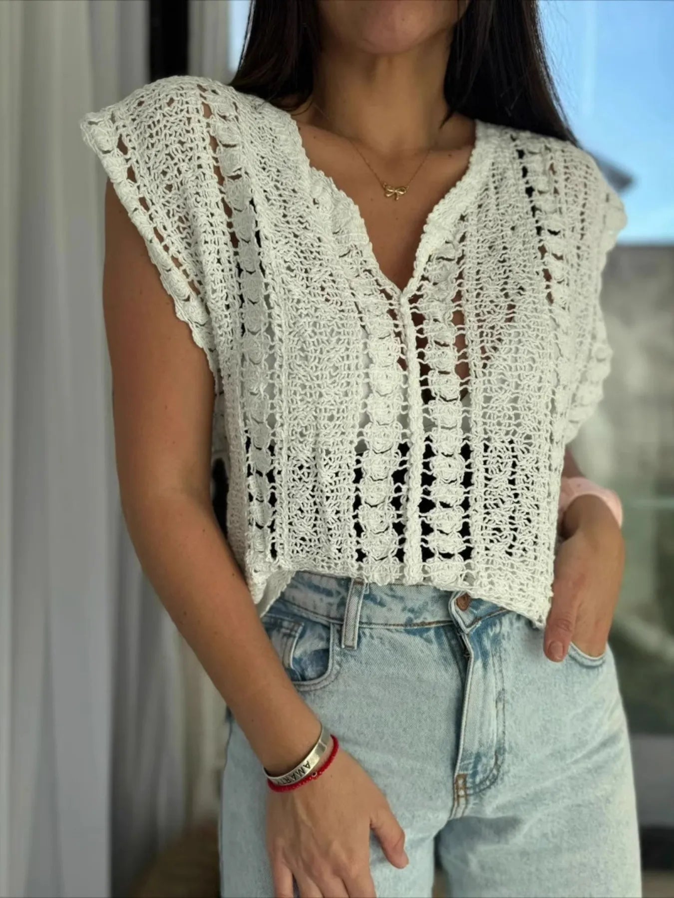 Crochet Knit V-Neck Sweater Vest - Tigbul's Variety Fashion Shop