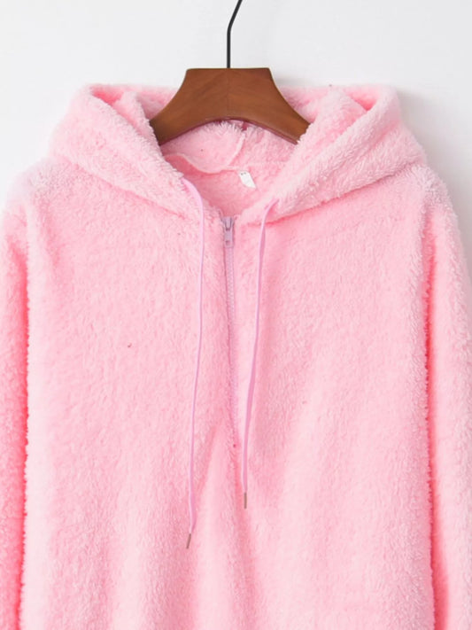 Pink Size Large Half Zip Drawstring Fleece Hoodie