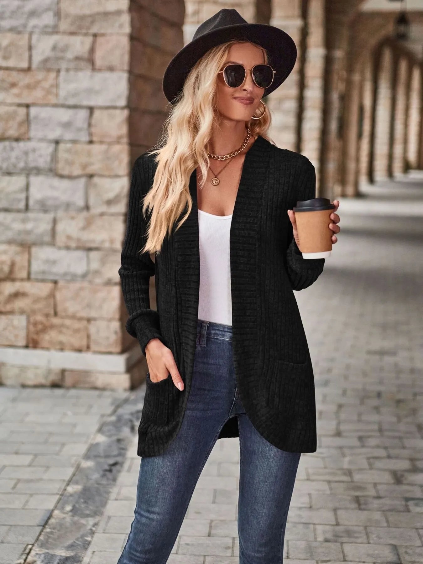 Ribbed Open Front Long Cardigan with Pockets - Tigbul's Variety Fashion Shop
