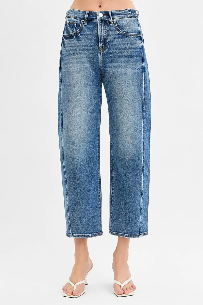 RISEN High Rise Cropped Barrel Adjustable Waist Band Jeans - Tigbul's Variety Fashion Shop