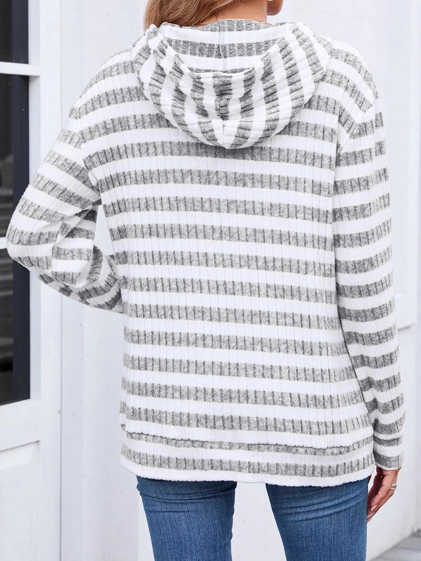 Striped Ribbed Knit Hoodie with Kangaroo Pocket - Tigbul's Variety Fashion Shop