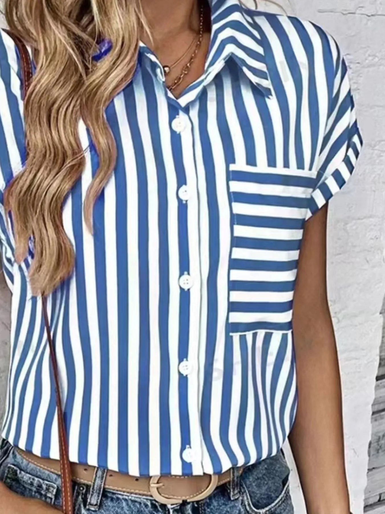 Striped Button-Up Short Sleeve Shirt with Pocket - Tigbul's Variety Fashion Shop