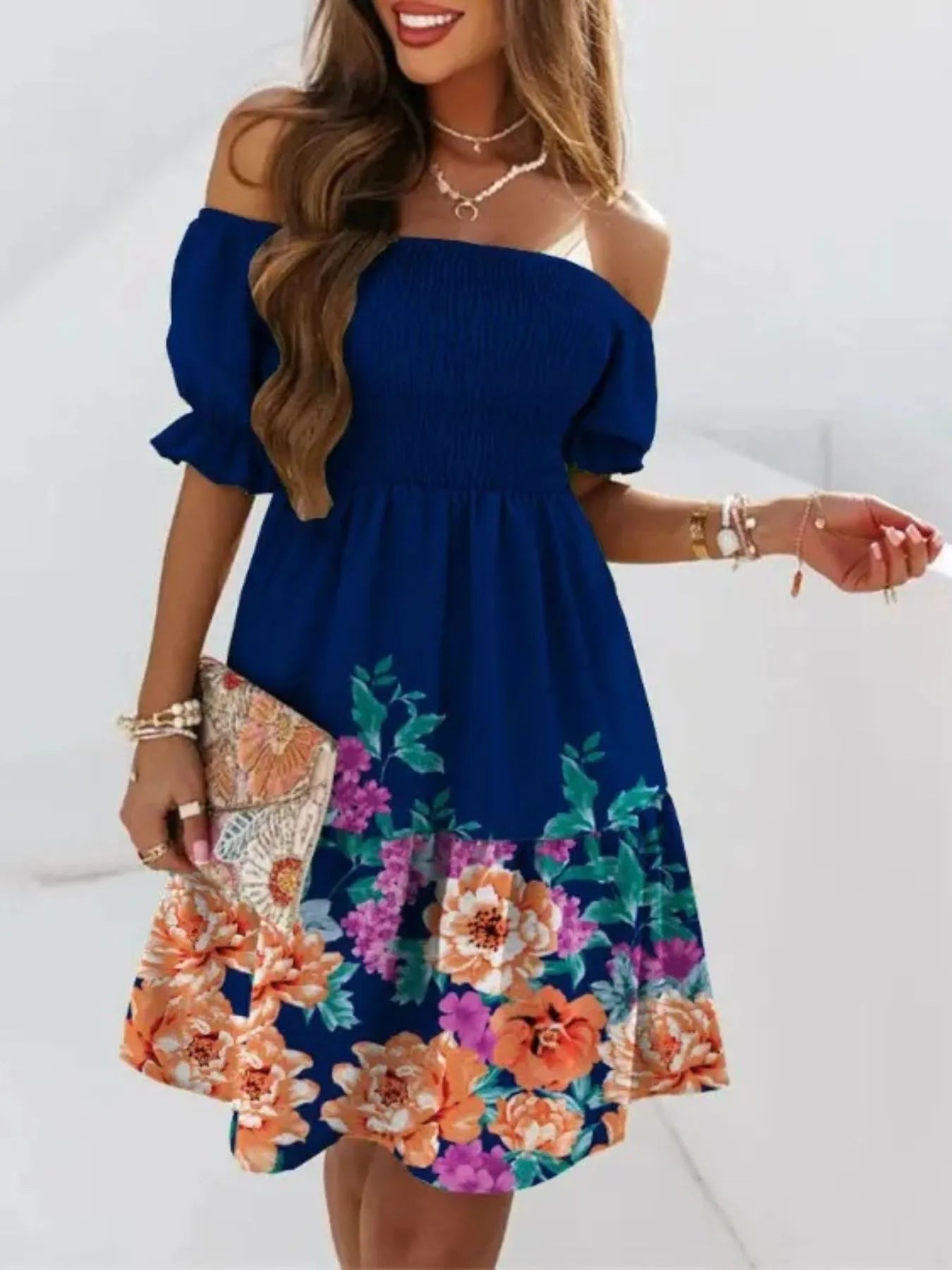 Off Shoulder Smocked Summer Dress - Tigbul's Variety Fashion Shop