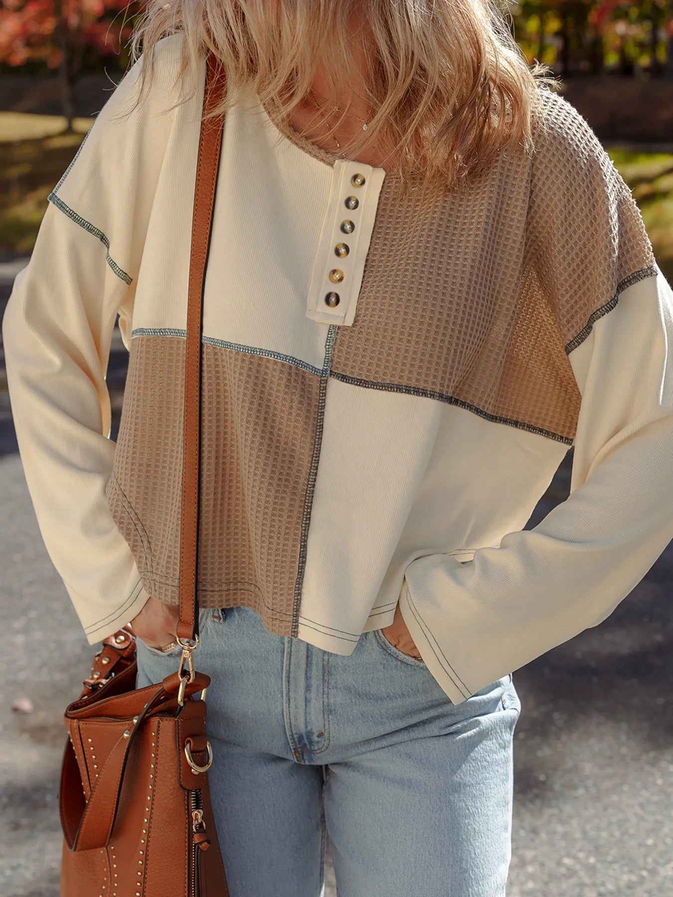 Color Block Waffle Knit Stitch Detail Long Sleeve Top - Tigbul's Variety Fashion Shop