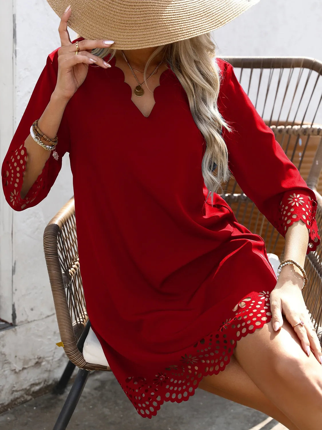 Cutout V-Neck Three-Quarter Sleeve Mini Dress - Tigbul's Variety Fashion Shop