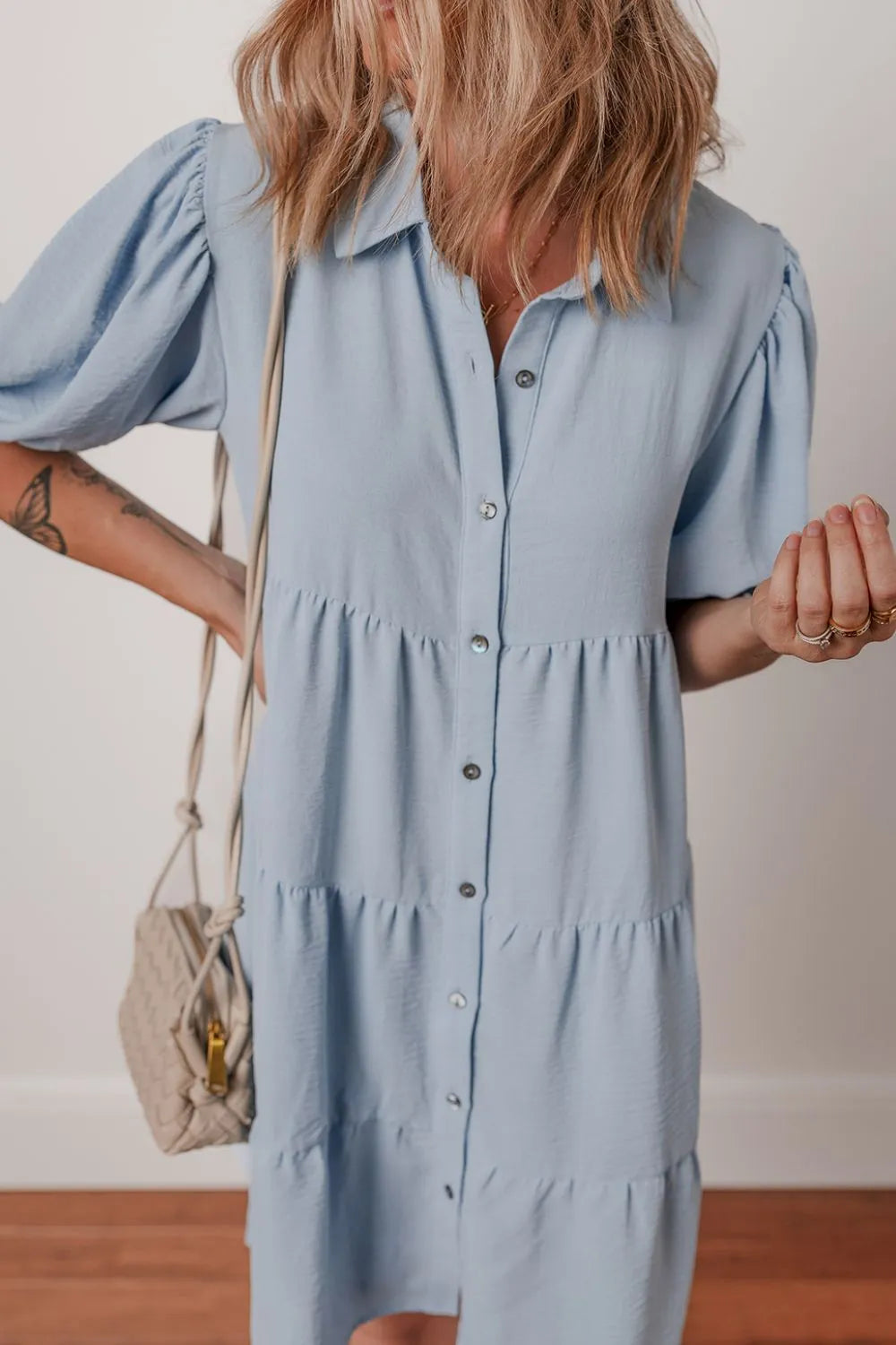 Button Up Puff Sleeve Tiered Shirt Dress - Tigbul's Variety Fashion Shop