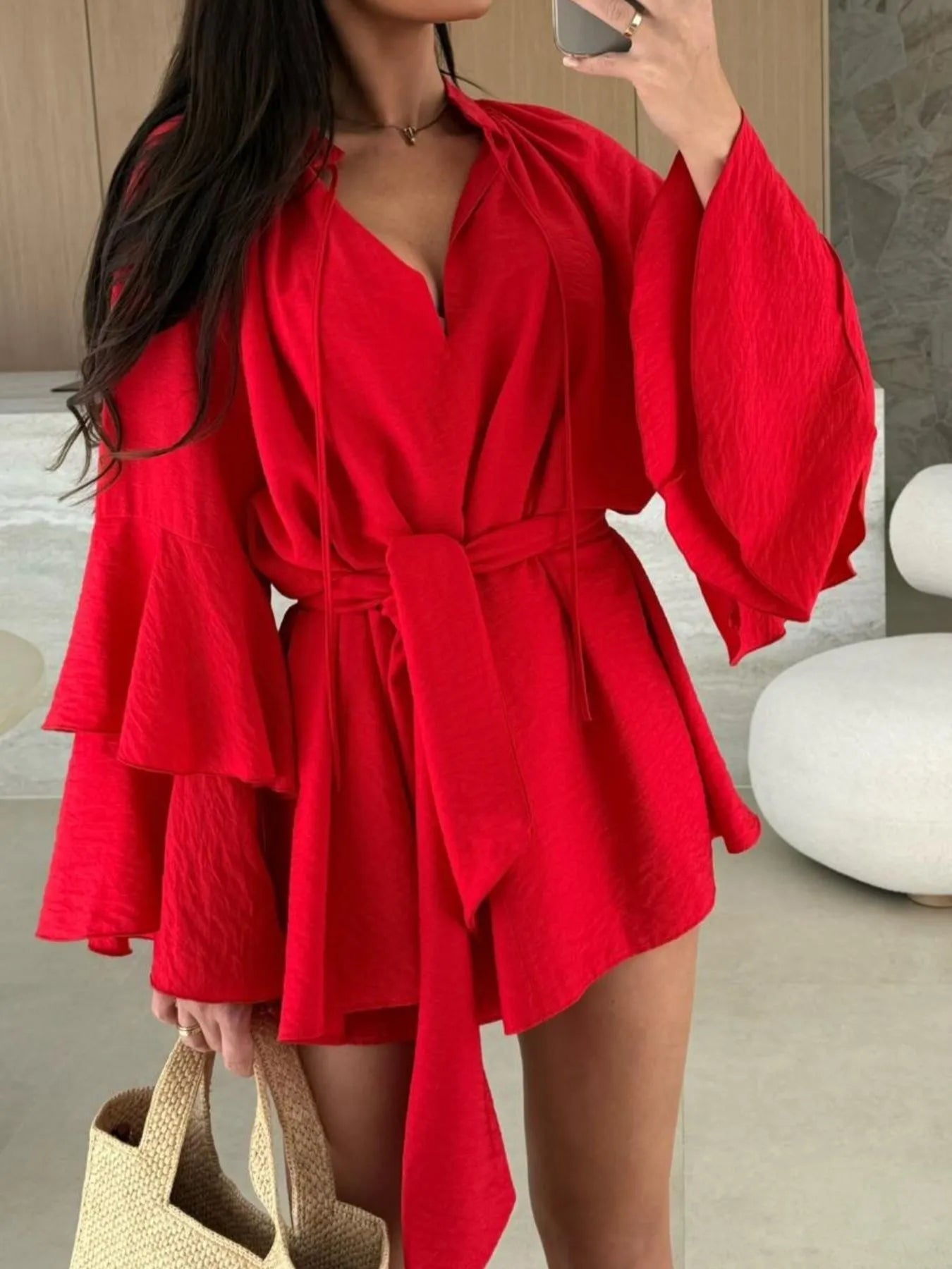 Bell Sleeve Tie Waist Mini Shirt Dress - Tigbul's Variety Fashion Shop