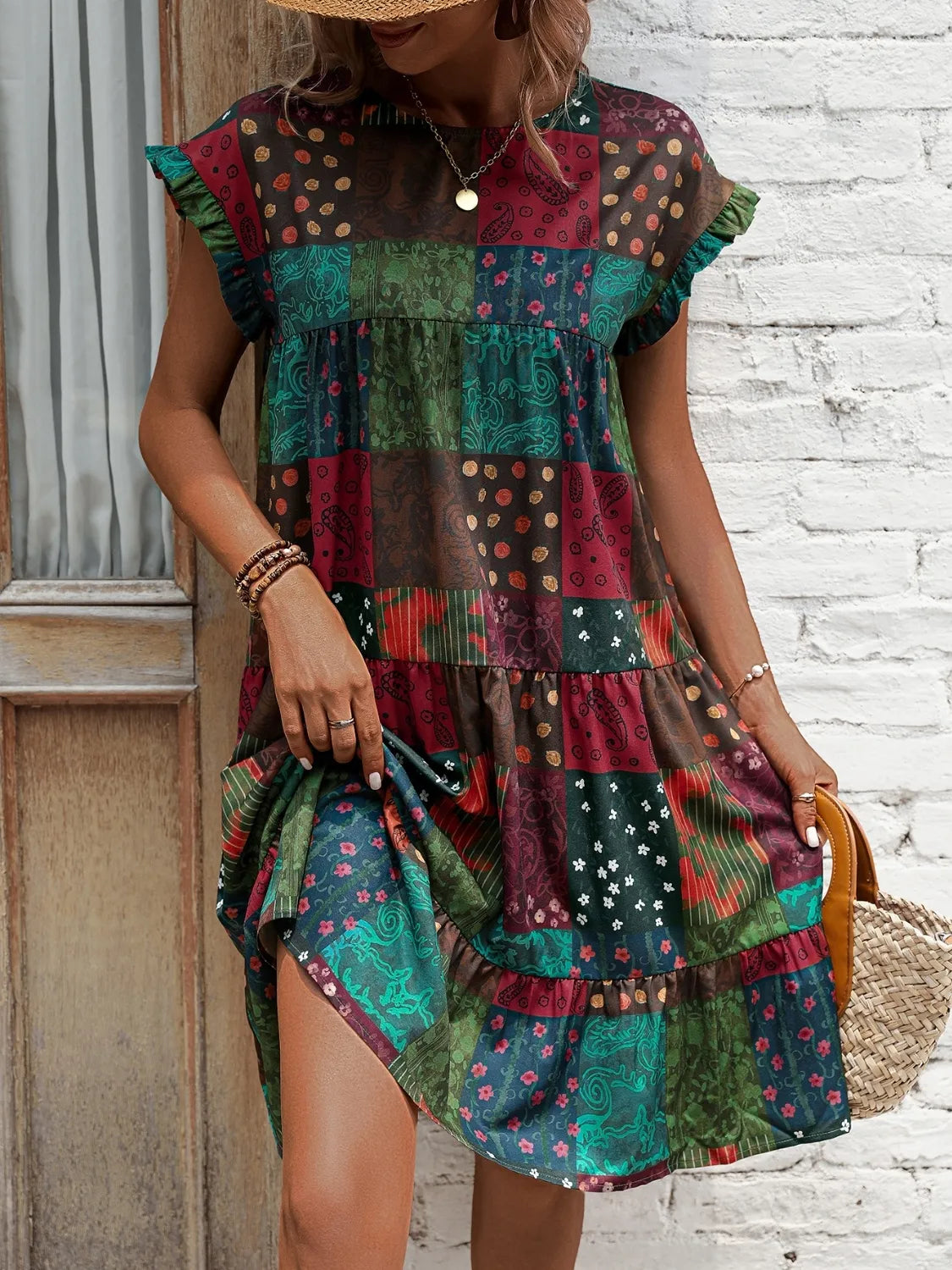 Burgundy Color Block Print Short Sleeve Mini Dress - Tigbul's Variety Fashion Shop