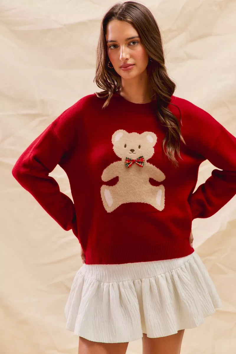 SO ME Teddy Bear With Check Ribbon Christmas Sweater - Tigbul's Variety Fashion Shop