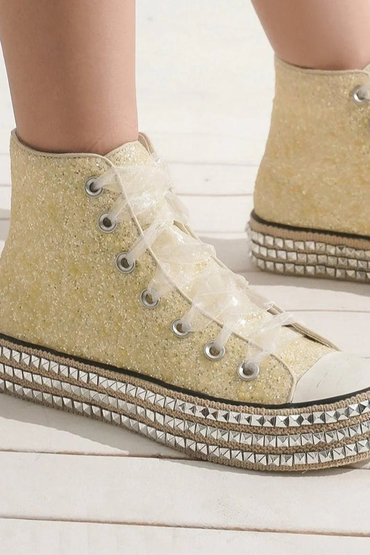 White Glitter Lace-Up Studded Platform Sneakers - Tigbul's Variety Fashion Shop
