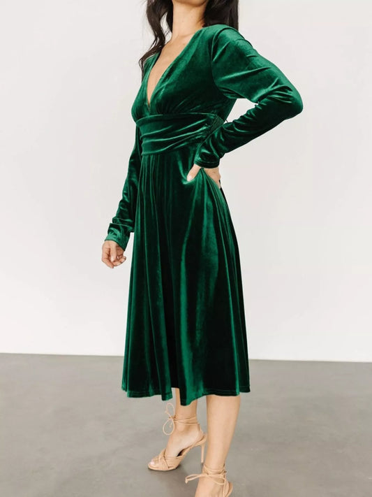 Velvet Deep V-Neck Long Sleeve Dress - Tigbul's Variety Fashion Shop