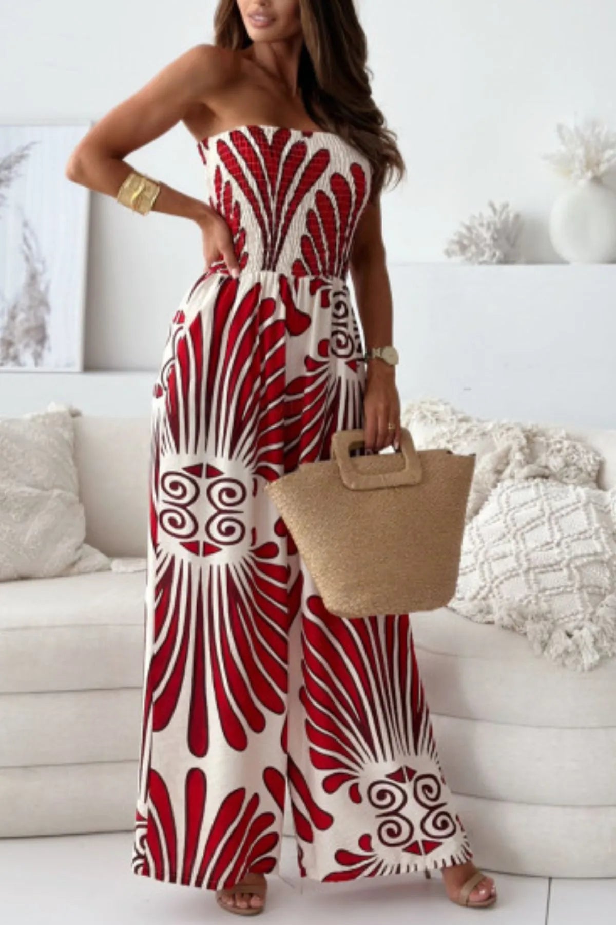 Printed Smocked Tube Wide Leg Jumpsuit - Tigbul's Variety Fashion Shop