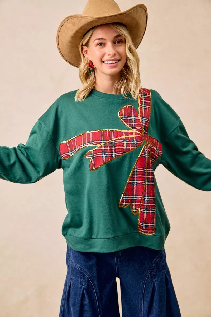 Plaid Ribbon Bow Detail Christmas Fleece Pullover Sweater - Tigbul's Variety Fashion Shop
