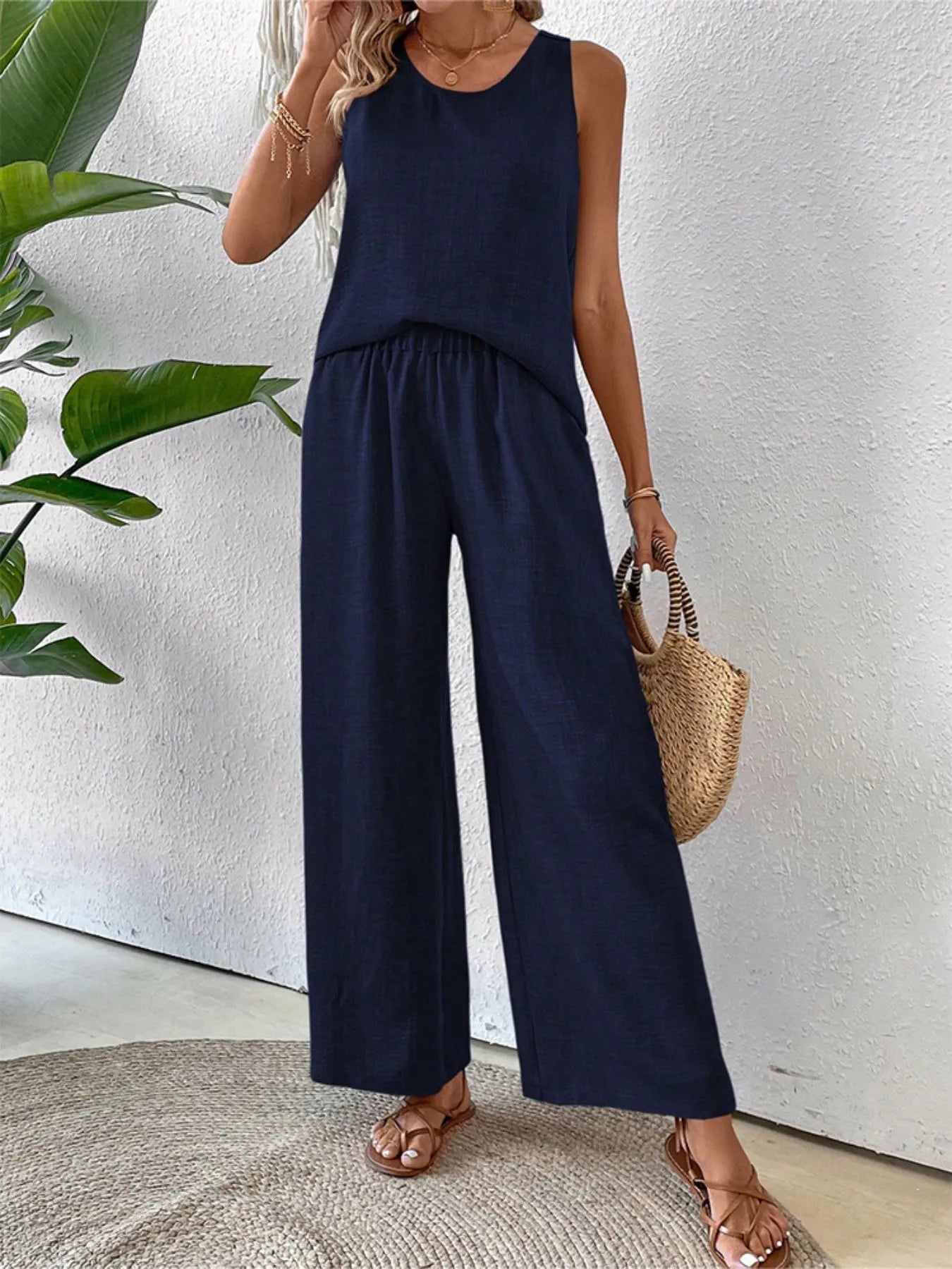 Round Neck Tank and Wide Leg Pants Set - Tigbul's Variety Fashion Shop
