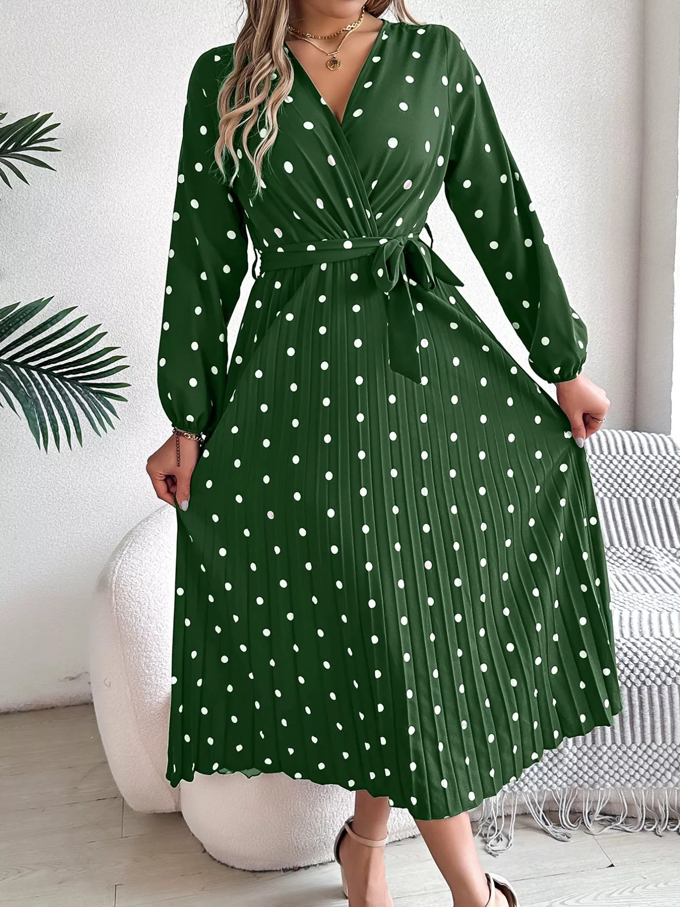 Front Tie Polka Dot Midi Pleated Dress - Tigbul's Variety Fashion Shop