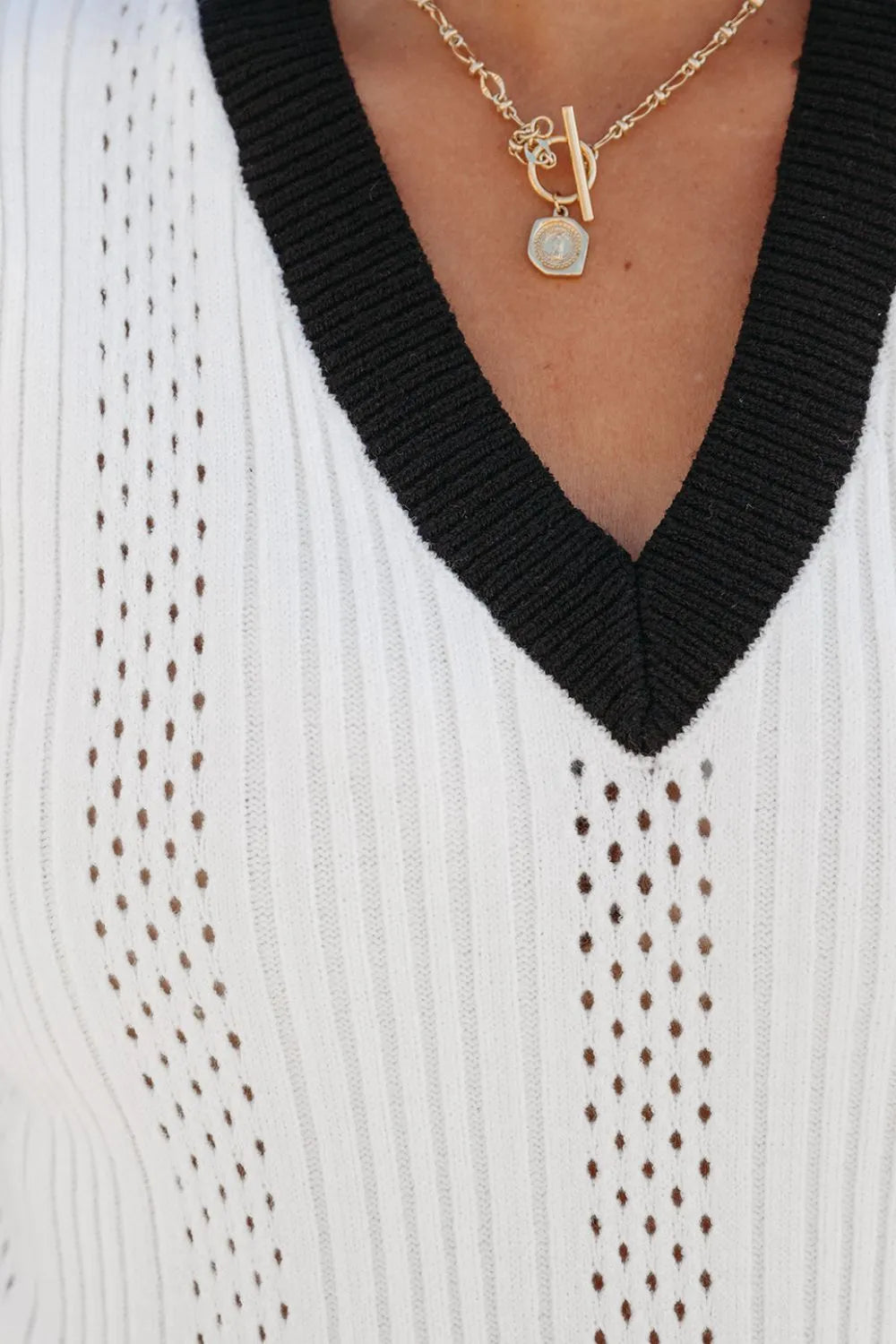 Contrast Trim Eyelet Knit V Neck White Sweater Vest - Tigbul's Variety Fashion Shop