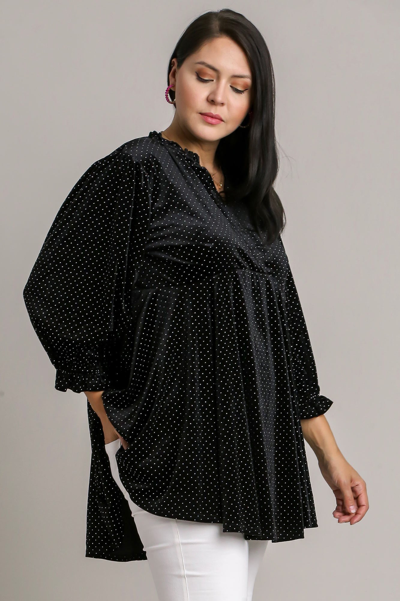 Beaded Frill Flounce Sleeve Black Velvet Babydoll Blouse - Tigbul's Variety Fashion Shop
