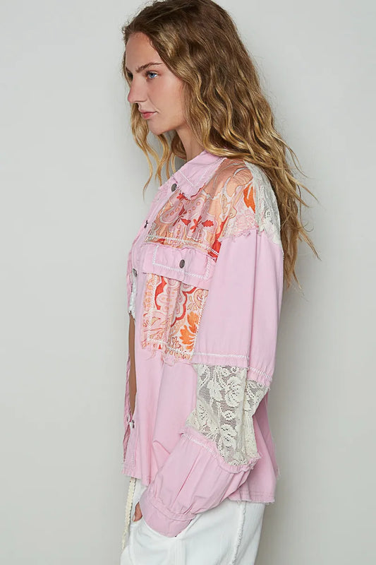 POL Printed Woven Mix Raw Hem Jacket with Lace Detail - Tigbul's Variety Fashion Shop