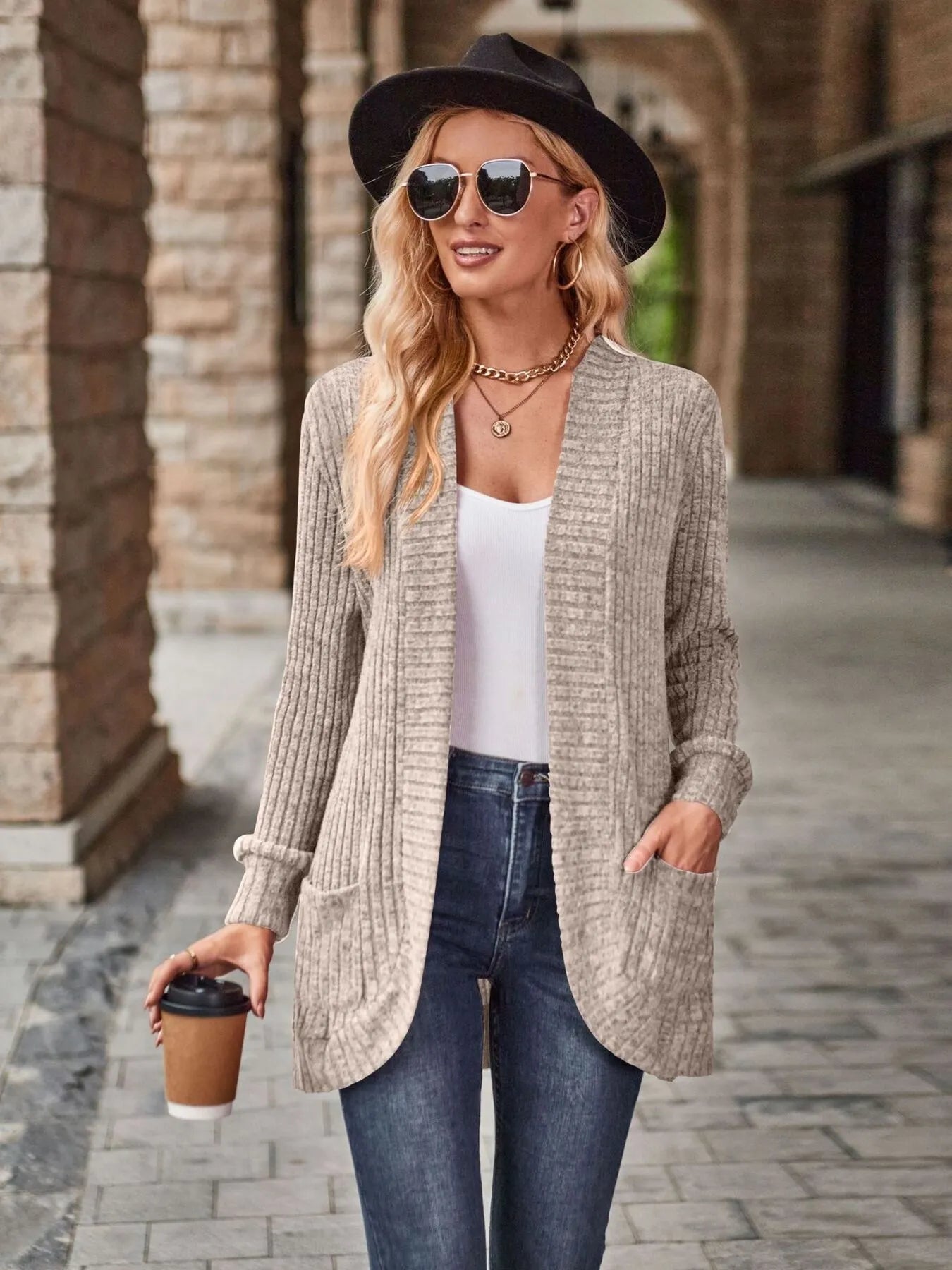 Ribbed Open Front Long Cardigan with Pockets - Tigbul's Variety Fashion Shop