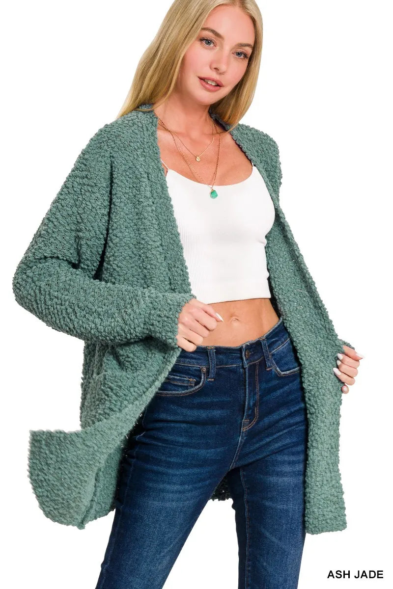 Zenana Long Sleeve Popcorn Sweater Cardigan with Pockets - Tigbul's Variety Fashion Shop