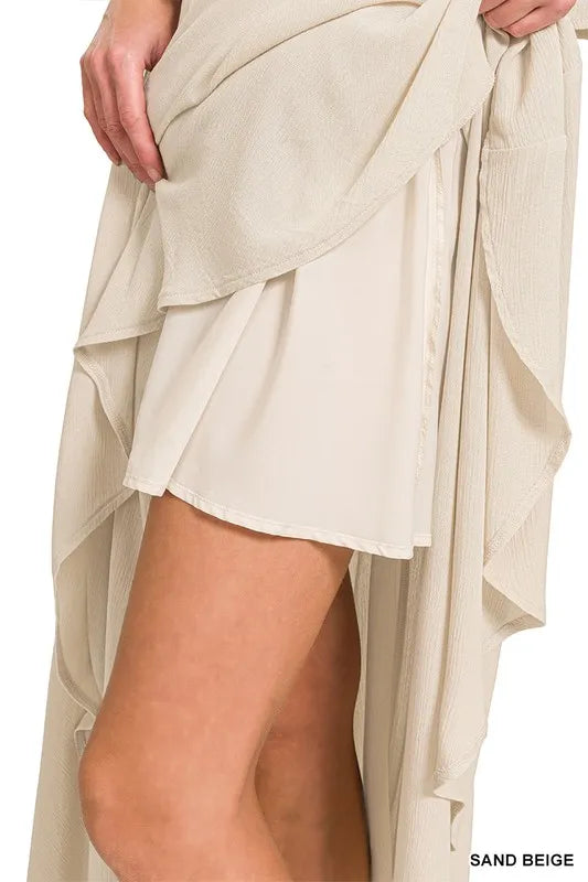 Woven Crinkle Gauze Crop Beige Tee and Skirt Set - Tigbul's Variety Fashion Shop