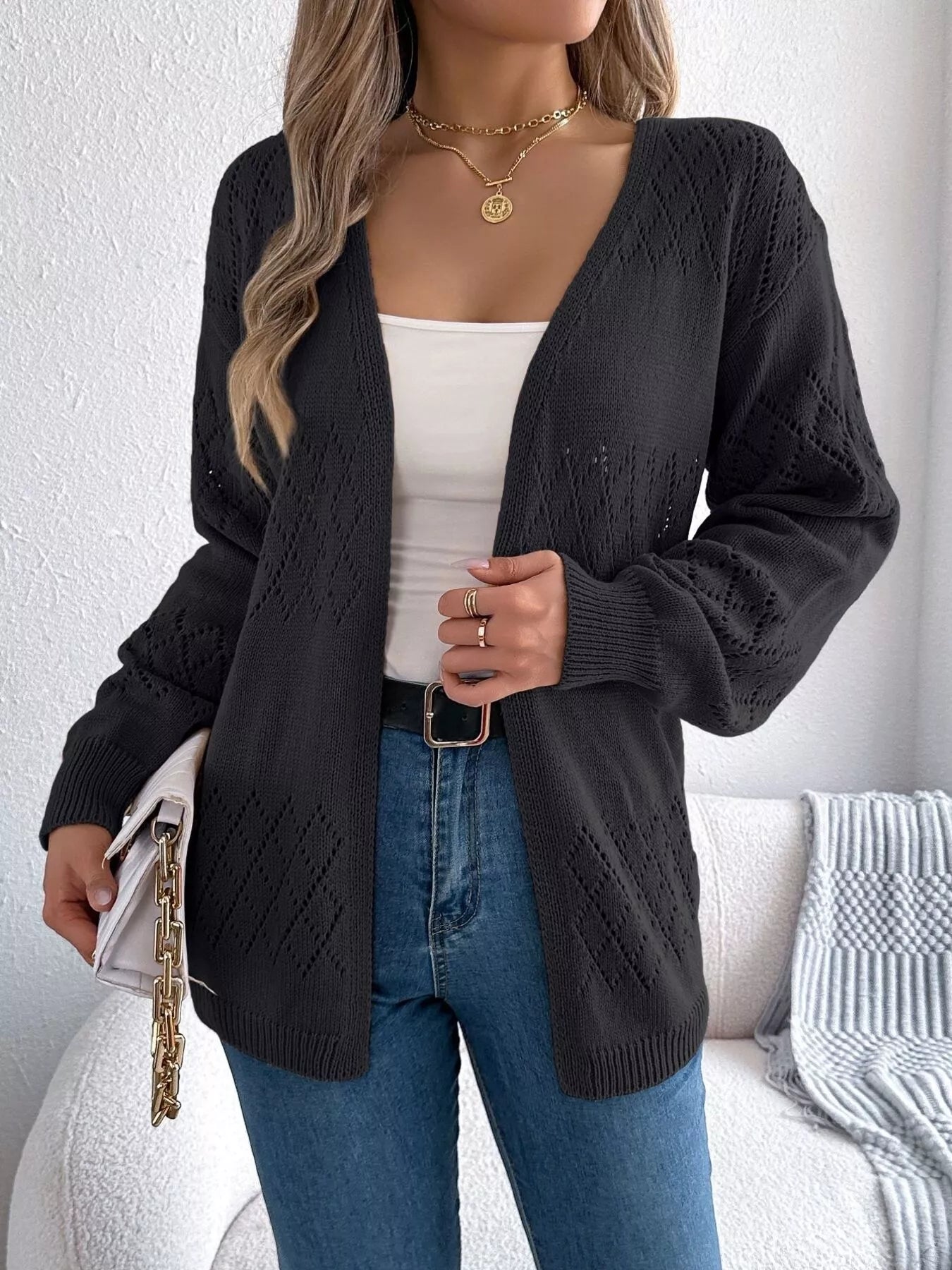 Openwork Open Front Long Sleeve Cardigan - Tigbul's Variety Fashion Shop