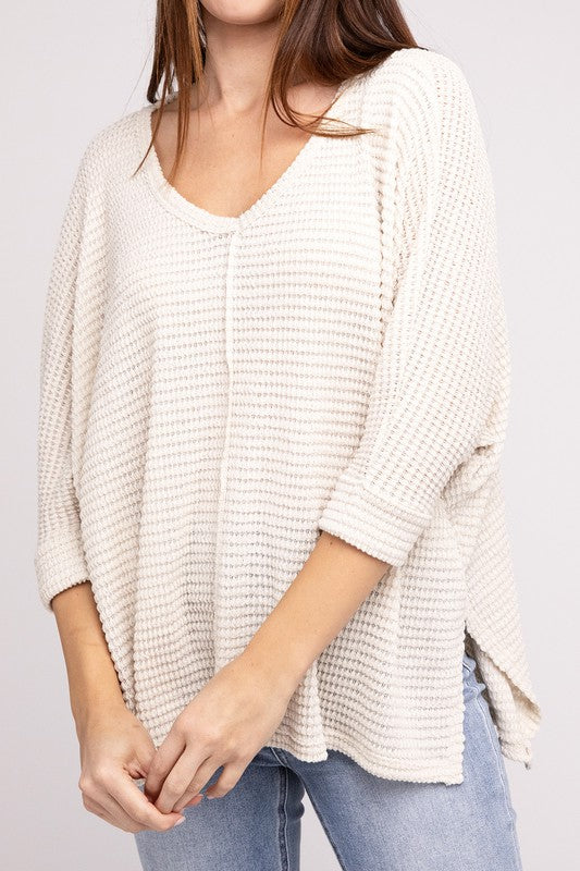 3/4 Sleeve V-Neck Hi-Low Hem Jacquard Sweater - Tigbul's Variety Fashion Shop