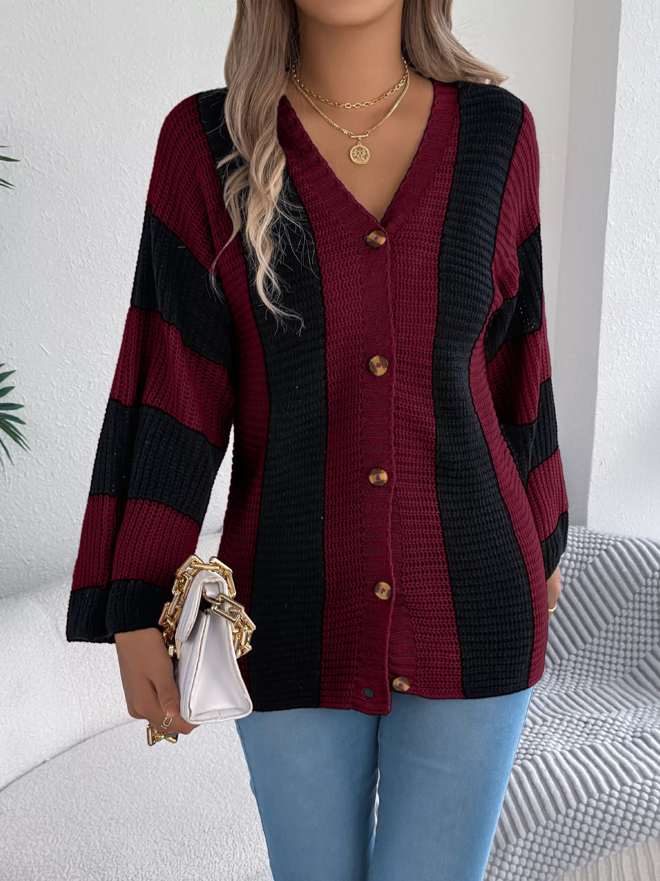 Color Block Button-Up Cardigan - Tigbul's Variety Fashion Shop