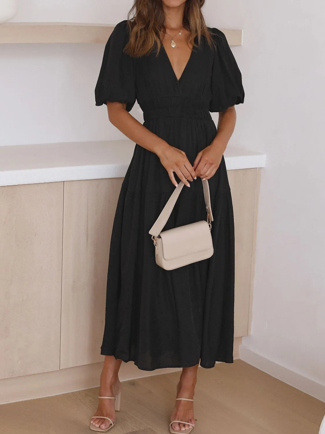 V-Neck Puff Sleeve Midi Dress - Tigbul's Variety Fashion Shop