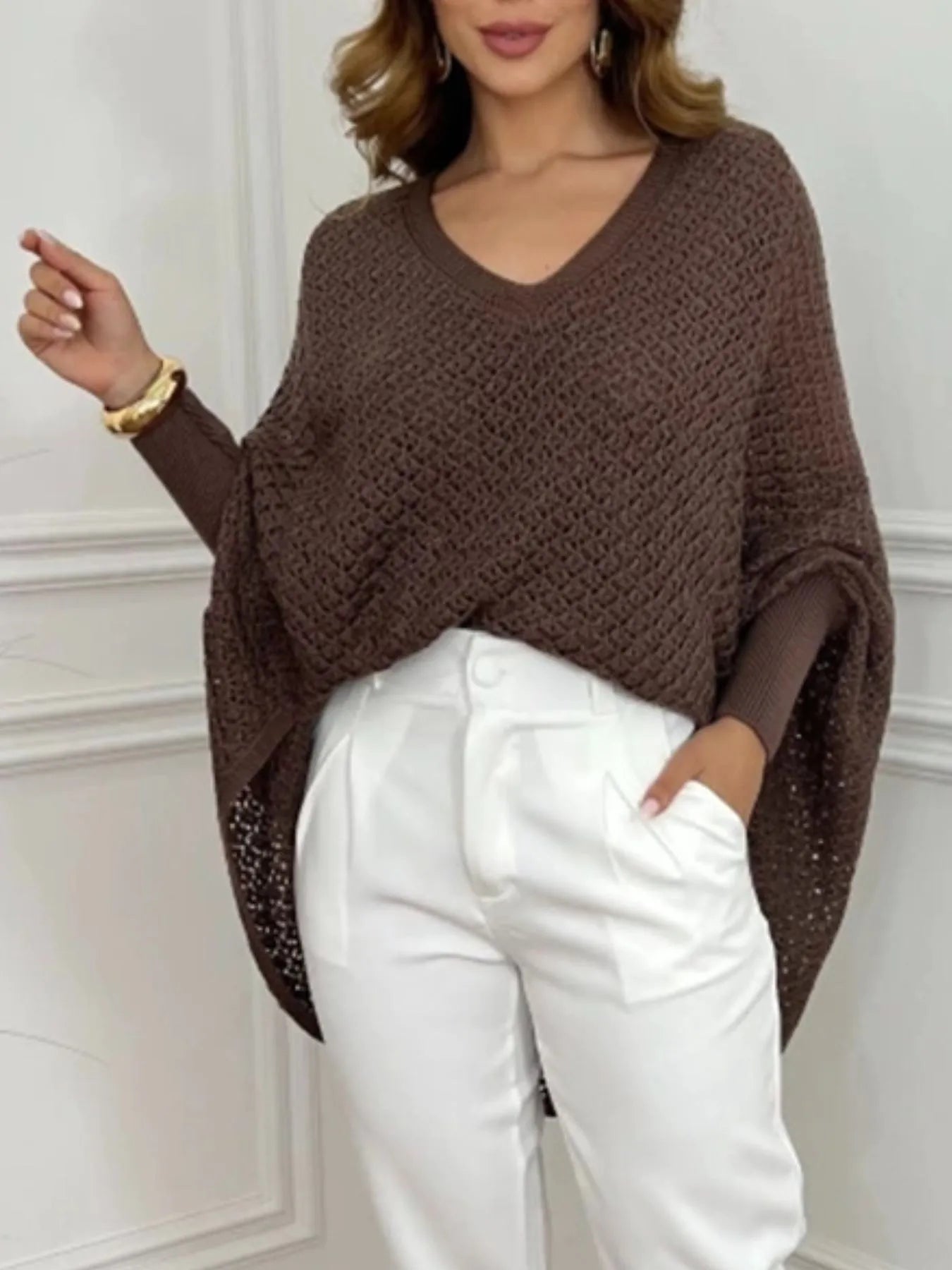 Crochet V-Neck Batwing Sleeves Oversized Sweater - Tigbul's Variety Fashion Shop