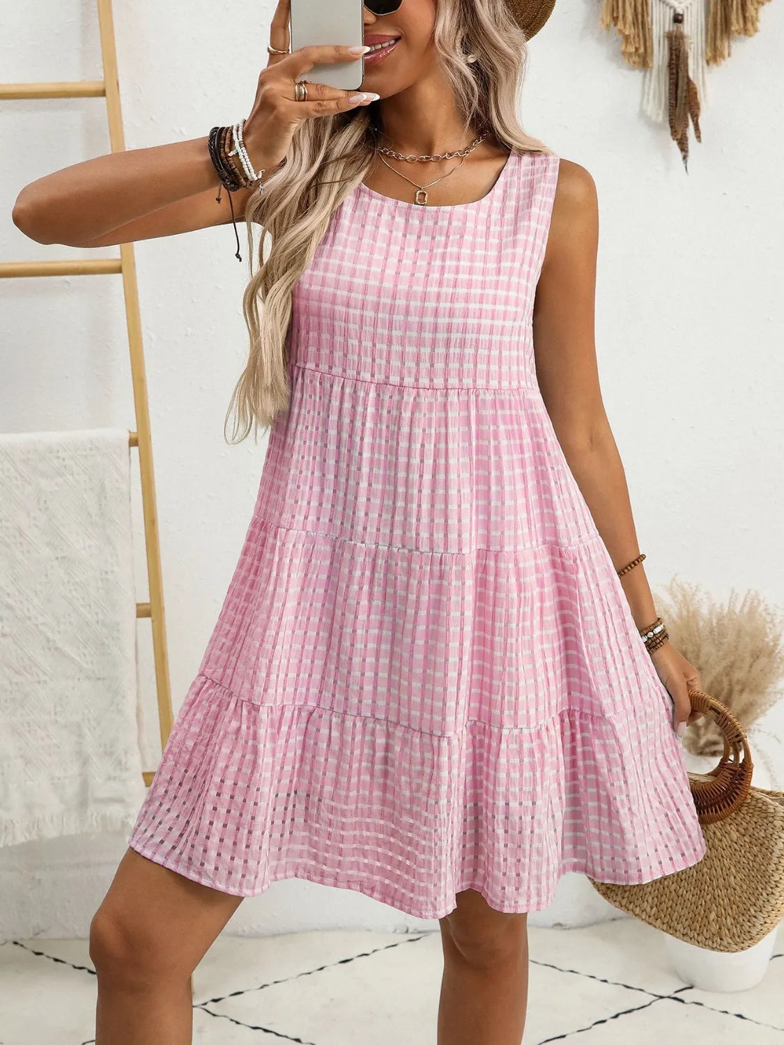 Plaid Round Neck Sleeveless Mini Dress - Tigbul's Variety Fashion Shop