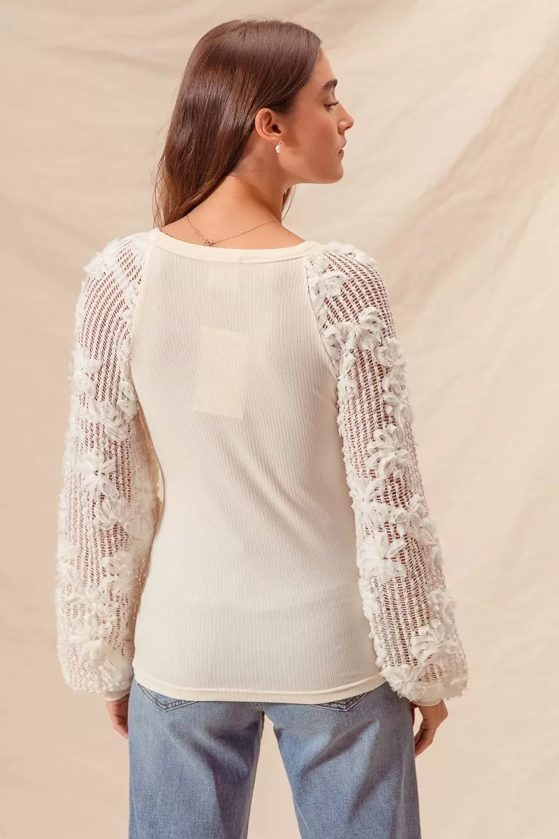 SO ME Rib Knit Top with Lace Balloon Sleeves - Tigbul's Variety Fashion Shop