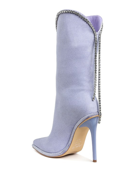 Ashipa Diamante Chain Detail Calf Boots 4 inch Heels - Tigbul's Variety Fashion Shop