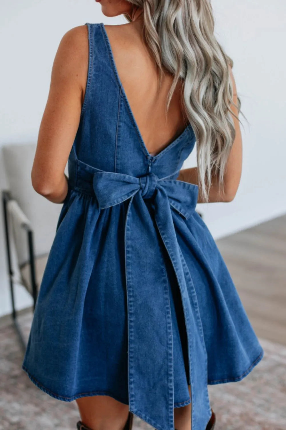 V-Back Bow Tie Denim Skater Dress - Tigbul's Variety Fashion Shop
