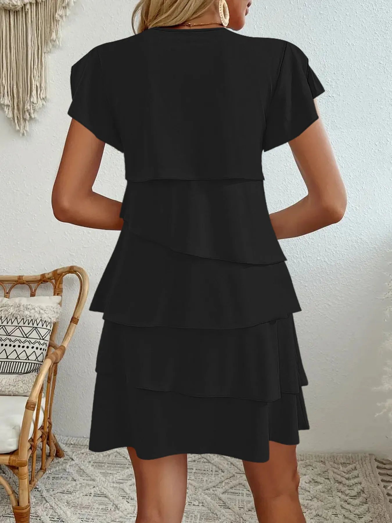 Casual Layered Round Neck Ruffled Sleeve Dress - Tigbul's Variety Fashion Shop