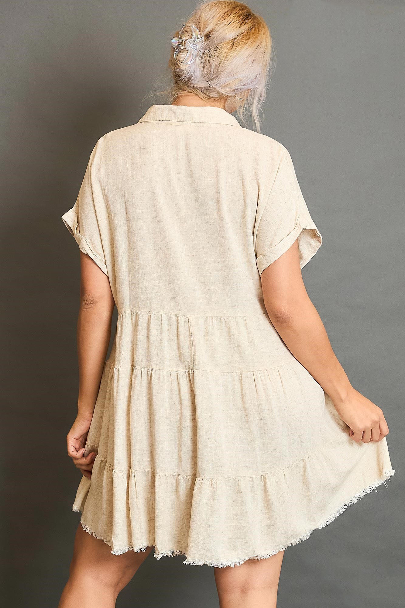 Beige Raw Hem Folded Sleeve Tiered Dress - Tigbul's Variety Fashion Shop