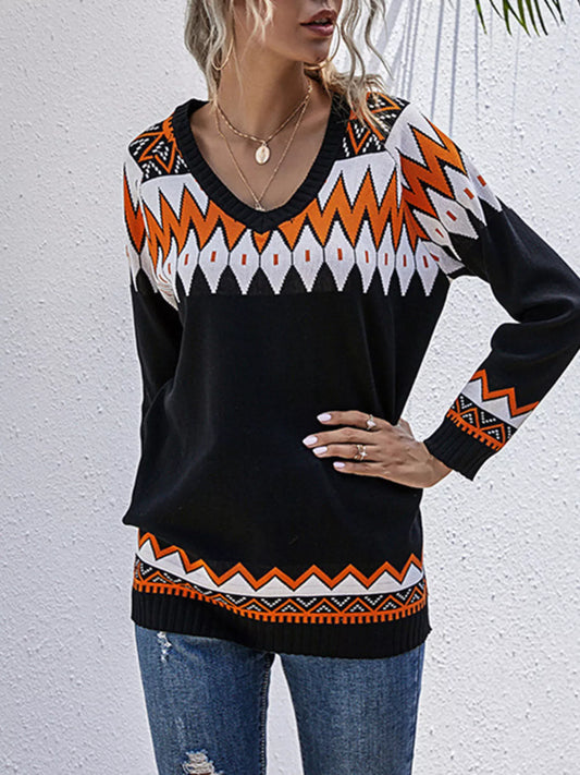 Geometric Pattern V-Neck Sweater - Tigbul's Variety Fashion Shop