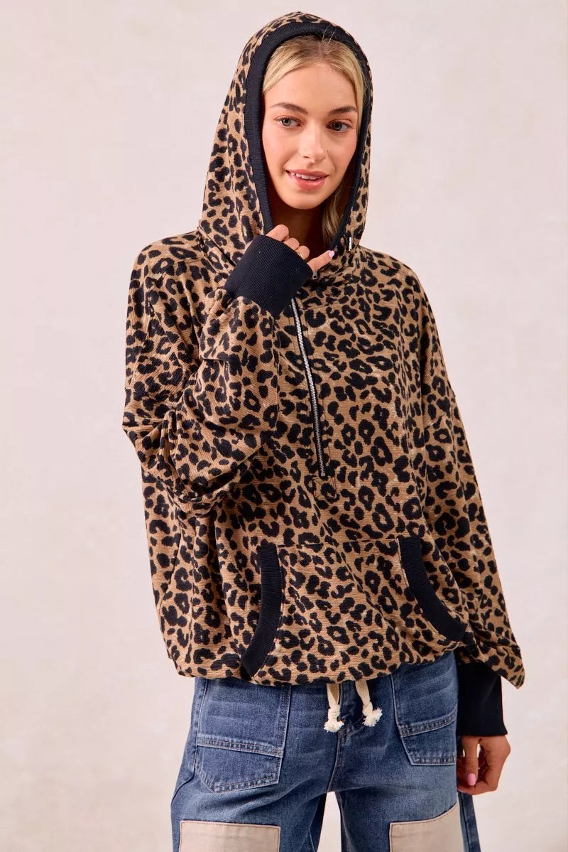 BiBi Leopard Print Waffle Half Zip Up Hoodie W Pocket - Tigbul's Variety Fashion Shop