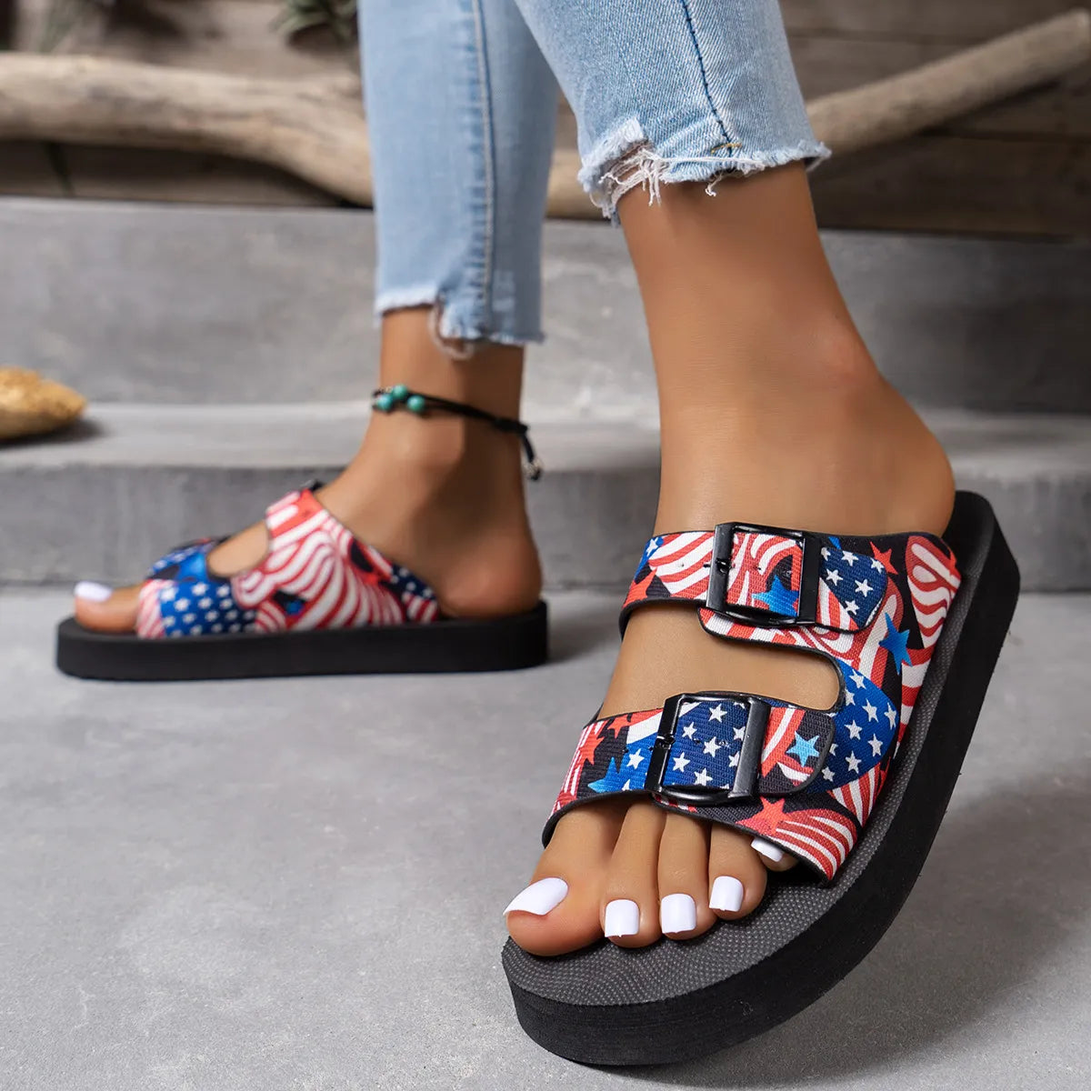 American Flag Patriotic Double Strap Sandals - Tigbul's Variety Fashion Shop