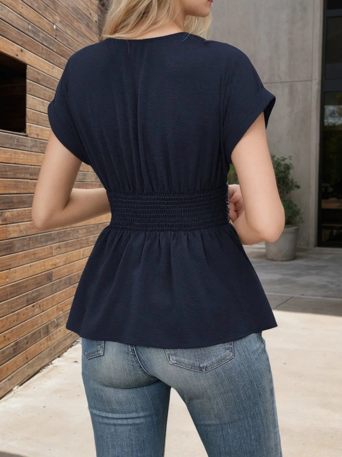 Surplice Short Sleeve Blouse - Tigbul's Variety Fashion Shop
