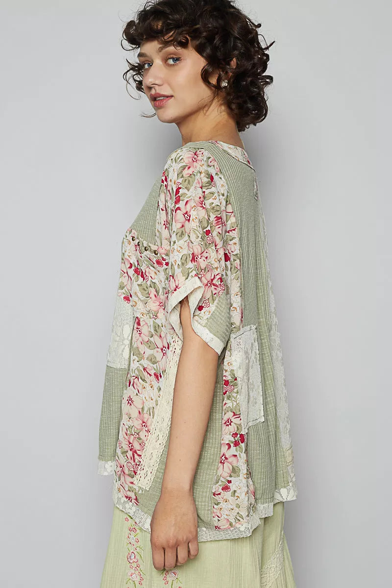POL Lace Round Neck Short Sleeve Floral Pattern Top with Patch Detail - Tigbul's Variety Fashion Shop