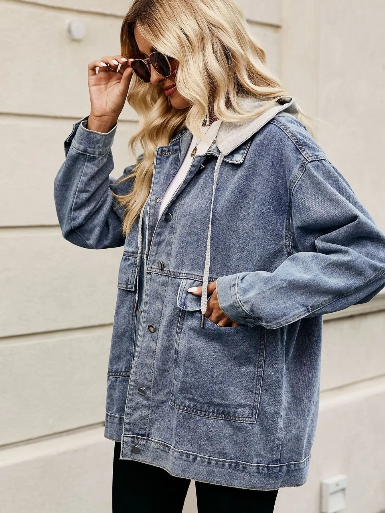 Oversized Button Up Denim Jacket with Hood - Tigbul's Variety Fashion Shop