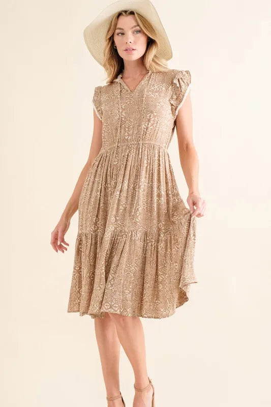 Boho Printed Tiered Taupe Maxi Dress - Tigbul's Variety Fashion Shop