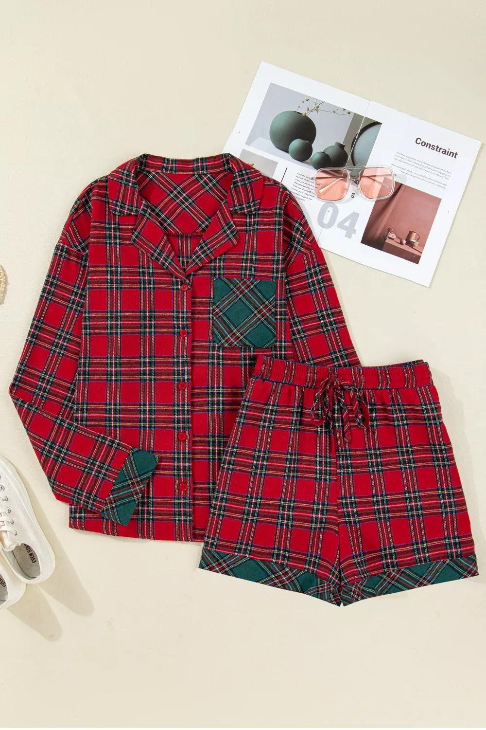 Plaid Contrast Patched Christmas Holiday Long Sleeve Shirt and Short 2pcs Pajama Set - Tigbul's Variety Fashion Shop