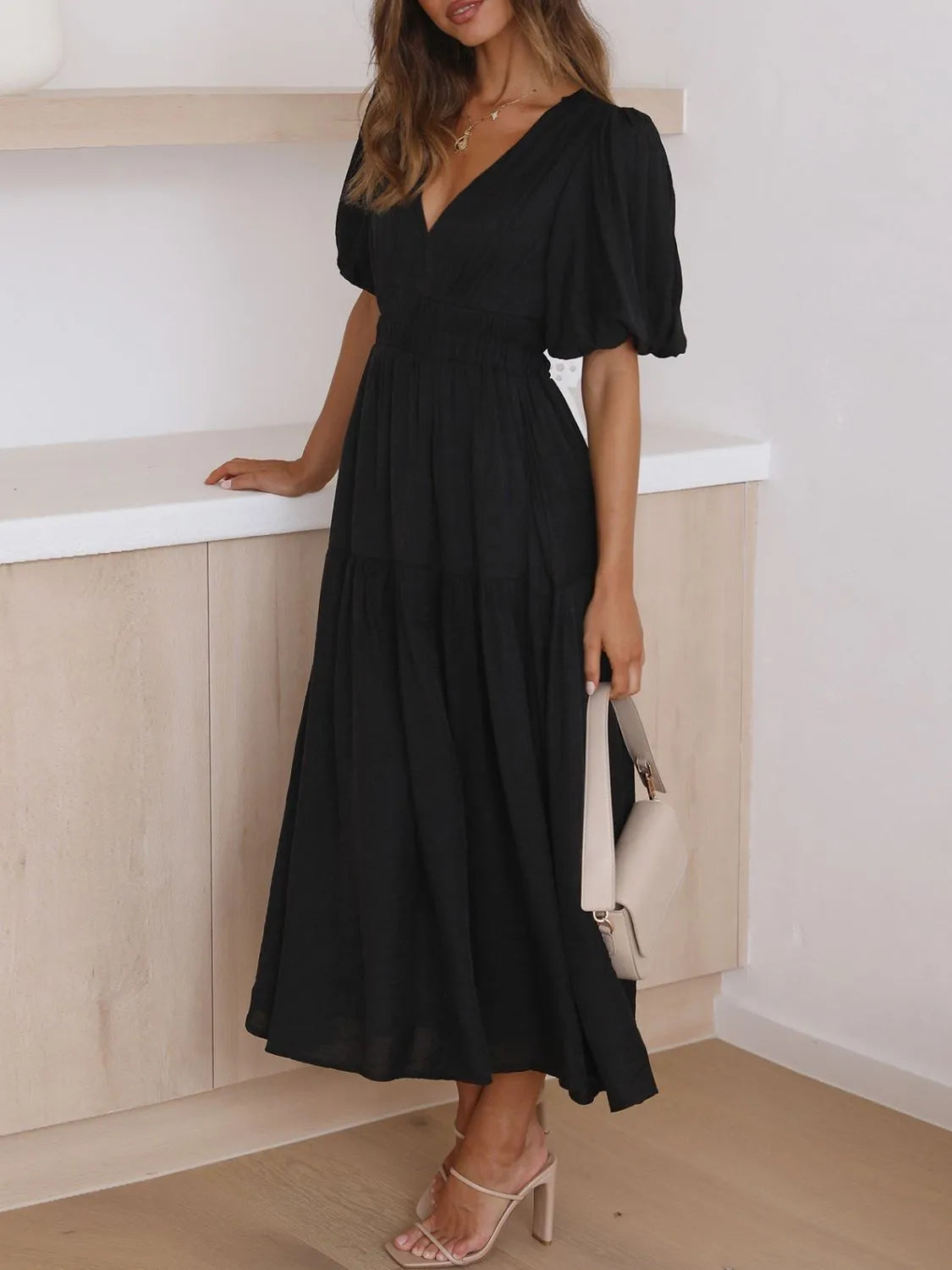 V-Neck Puff Sleeve Midi Dress - Tigbul's Variety Fashion Shop