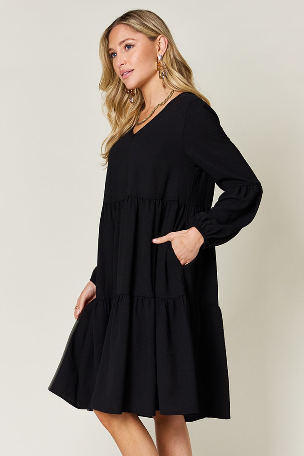 V-Neck Balloon Sleeve Tiered Dress with Pockets - Tigbul's Variety Fashion Shop