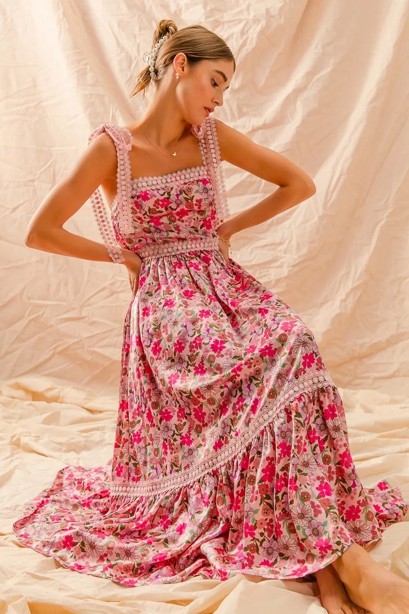 SO ME Floral Maxi Dress With Ribbon Tie Lace Strap - Tigbul's Variety Fashion Shop