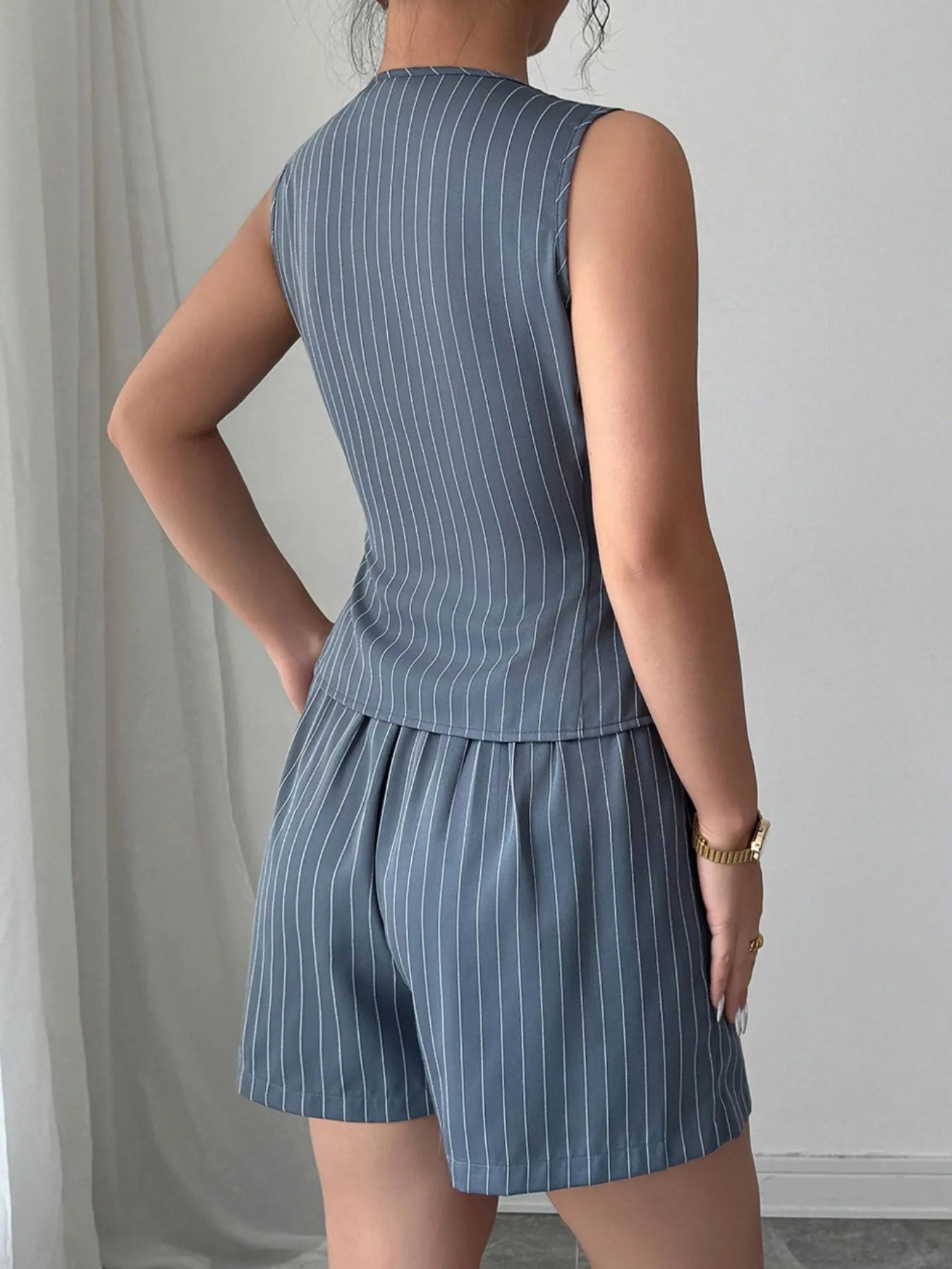 Striped Button Up Vest and Shorts Set - Tigbul's Variety Fashion Shop