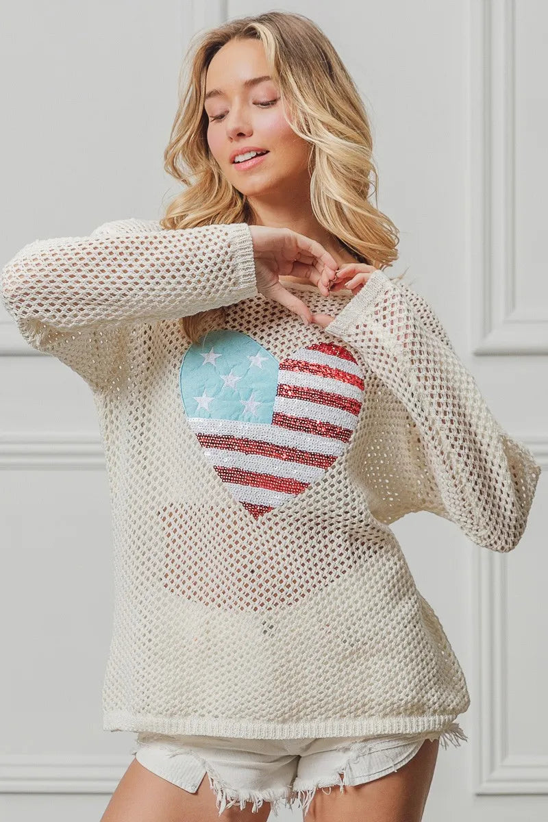 Off White Sequin American Flag Heart Knit Top - Tigbul's Variety Fashion Shop
