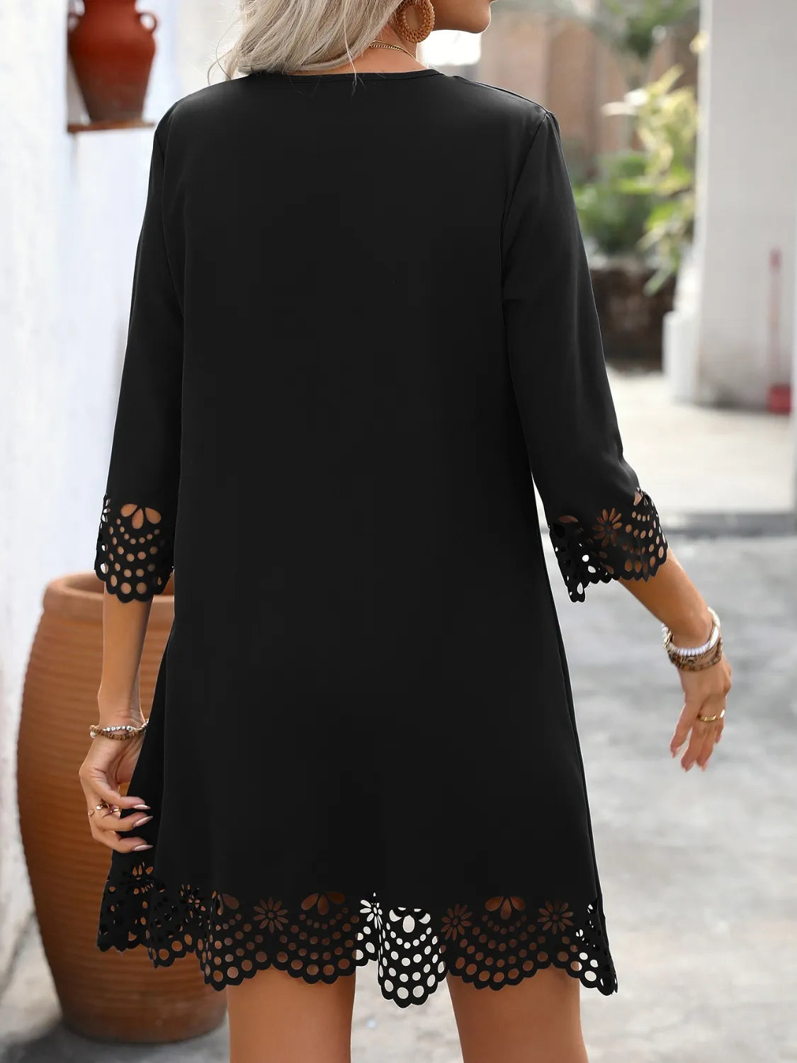 Cutout V-Neck Three-Quarter Sleeve Mini Dress - Tigbul's Variety Fashion Shop